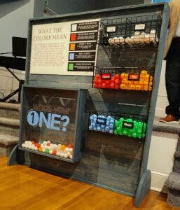 A board displays ping pong balls with colors representing steps in a church discipleship process