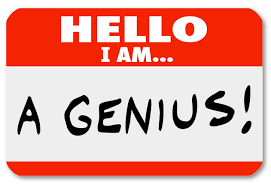 A name tag that reads "Hello I am a Genius"