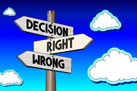 three arrows pointing in different directions that say decision, right, wrong