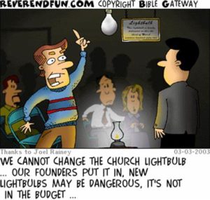 A cartoon where a man protests change in church